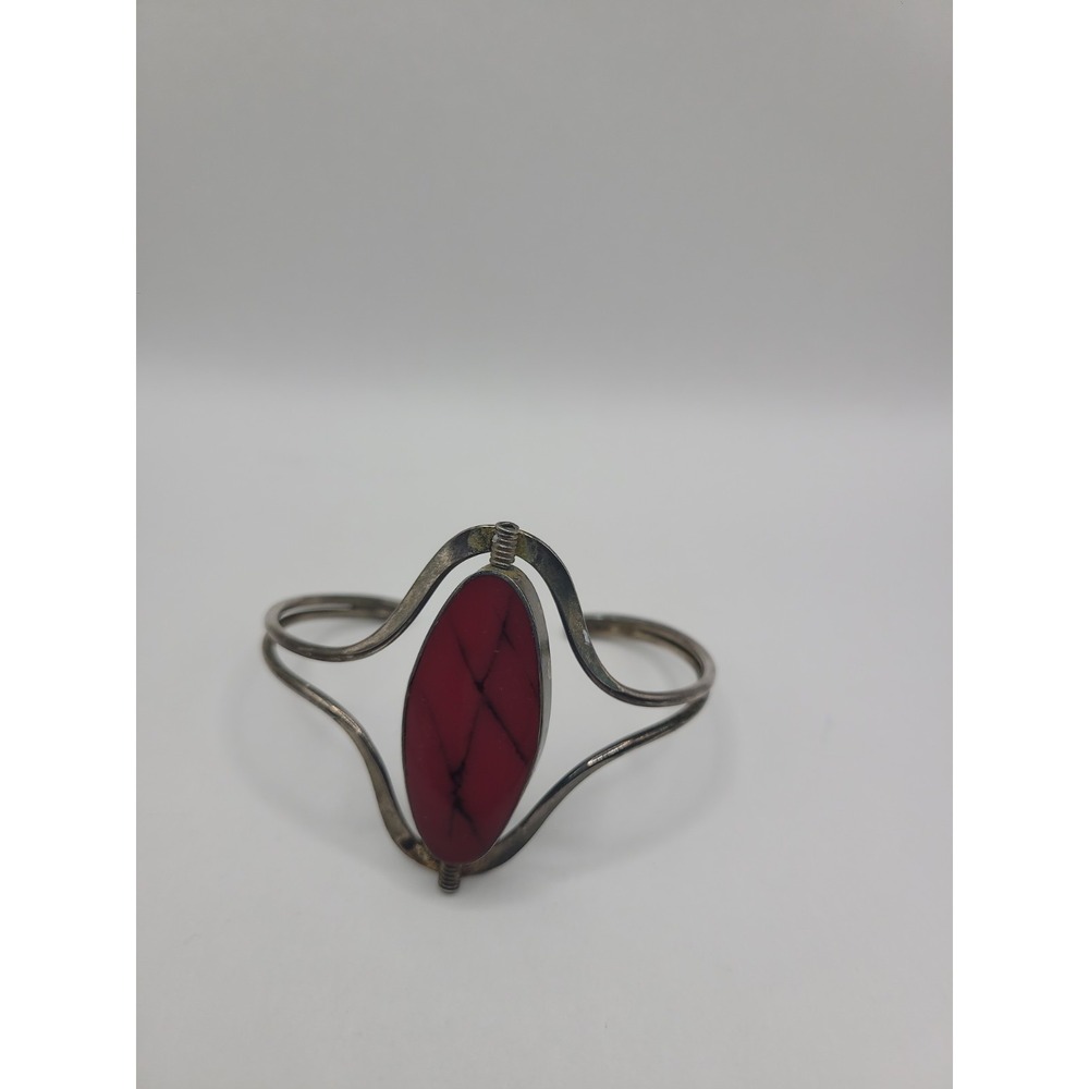 Reversible Red Blue Oval Cabochon Silver Tone Open Cuff Bracelet Boho Statement